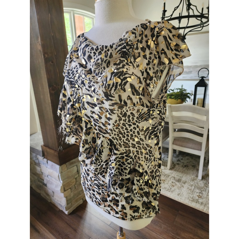 Y2K BCBG Leopard Print Gold Metallic Foil Cowl Neck Blouse Top Boho Festival - Picture 3 of 10